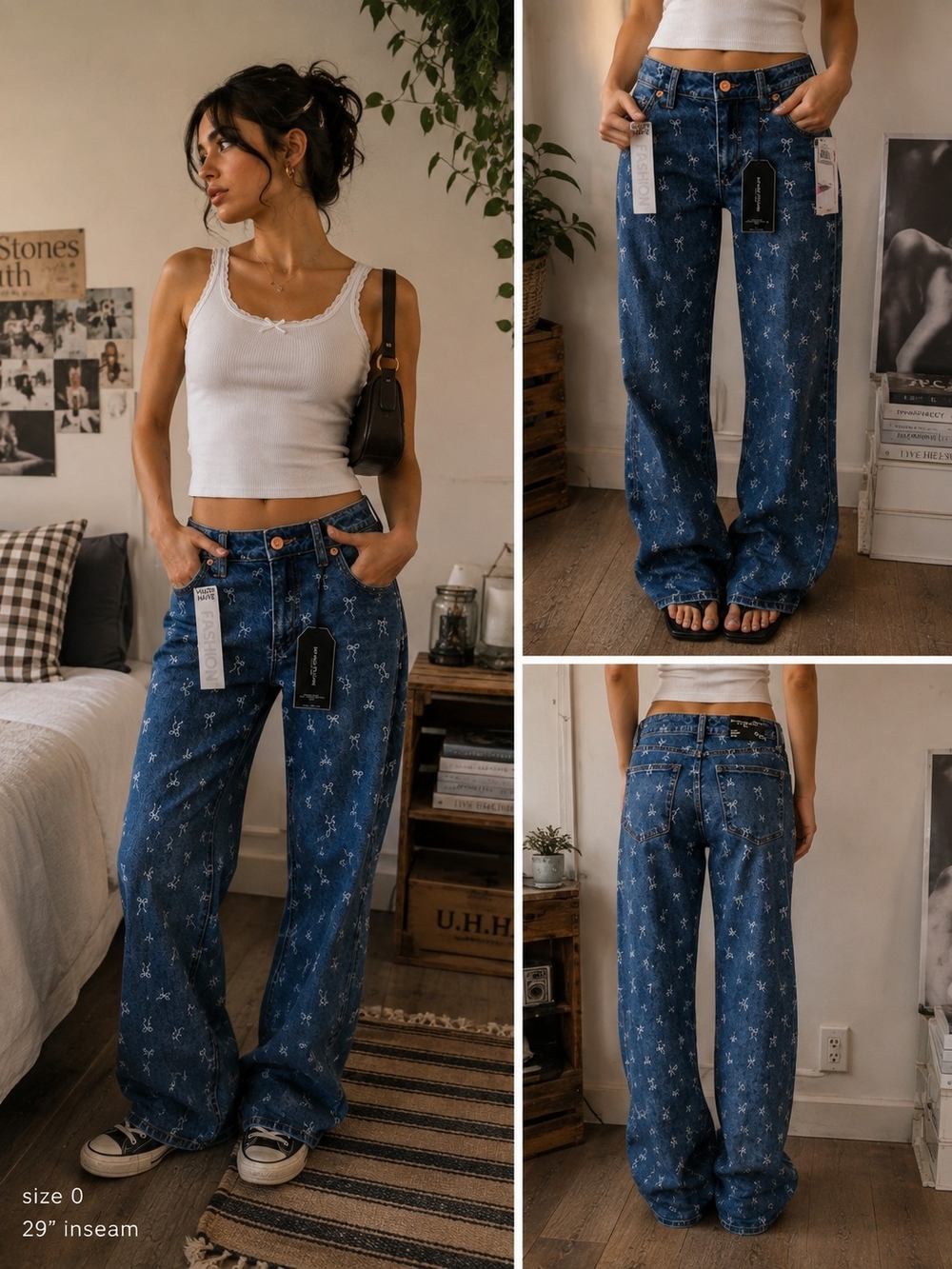 Women’s Floral Print Wide-Leg Jeans - Blue